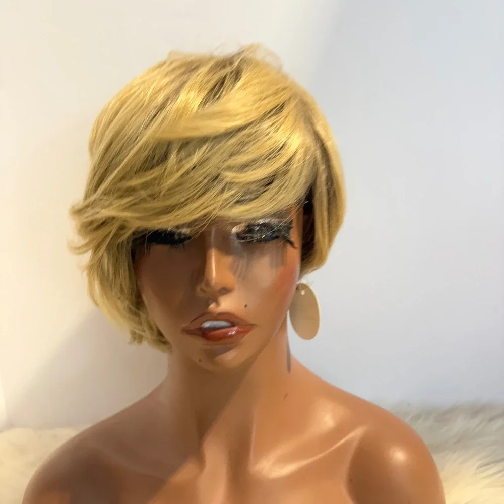 Womens Blonde Short Pixie Cut Bob Wig Side Swept Bangs Layered Hairpiece